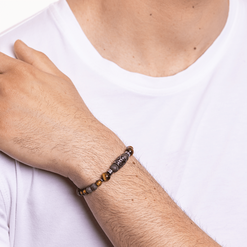 Jewboo Bracciale Elastico Feng Shui In Ossidiana E Occhio Di Tigre, Perline 12 Mm Incise Con Sutra