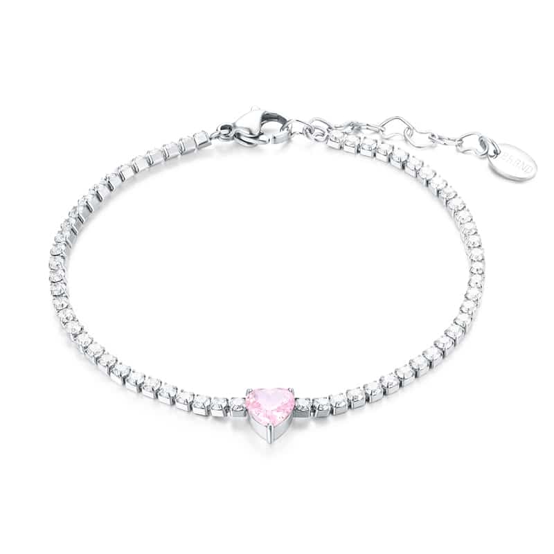Bracciale Tennis In Argento 925 Con Zirconia Cubica A Forma Di Cuore – 19 Cm, Placcato Rodio, Confezione Regalo